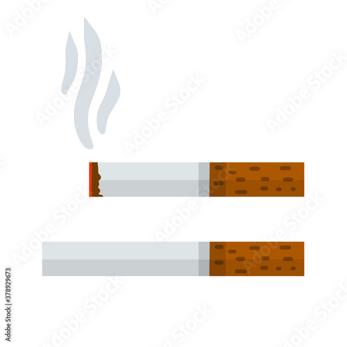 Cigarette. Smoking and a cigarette butt with smoke. Bad habit. Set of Horizontal objects. Harm and health. Flat cartoon illustration isolated on white