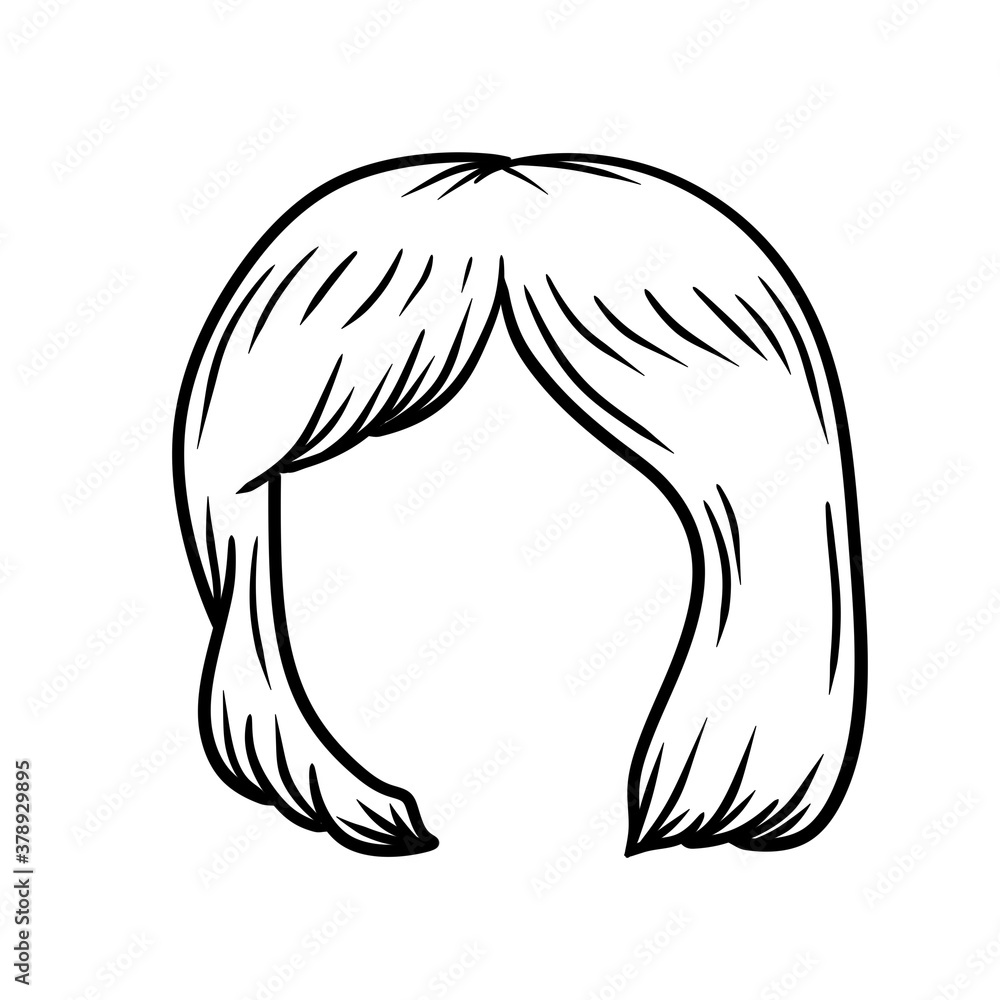 Fototapeta premium Women hairstyle. Hair on the head. Trendy modern haircuts girl - bob cut. Sketch black and white cartoon illustration. Mask for app