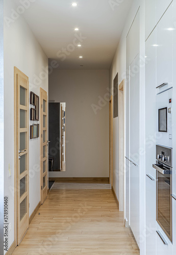 Modern interior of luxury apartment. Hallway with wooden doors. Built-in oven.