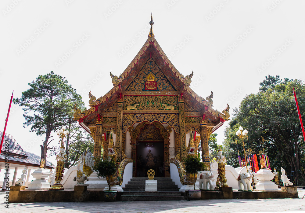 Phra That Doi Tung temple (Wat Phra That Doi Tung). Buddhist monastery and temple of public. Chiang Rai province Thailand. Selective focus.