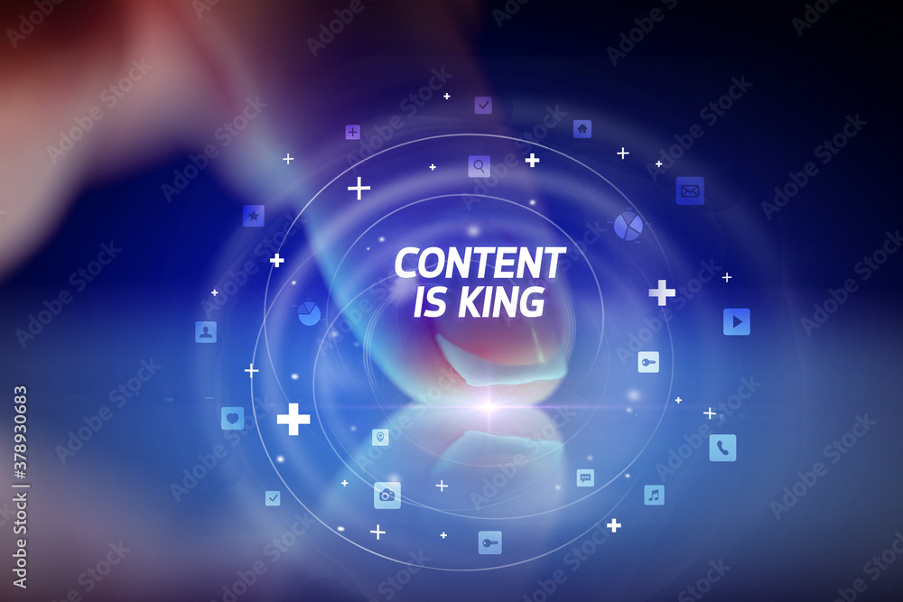 Finger touching tablet with social media icons and CONTENT IS KING Finger touching tablet with social media icons and CONTENT IS KING