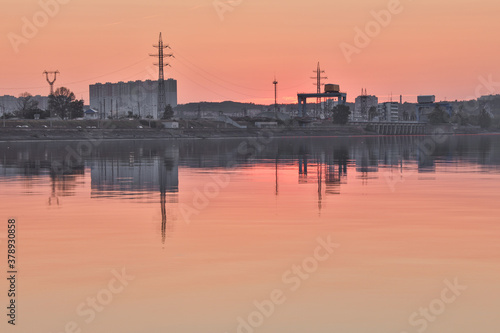 Sunset on the Kyiv Sea with the view on the electric power station © Olena Shvets