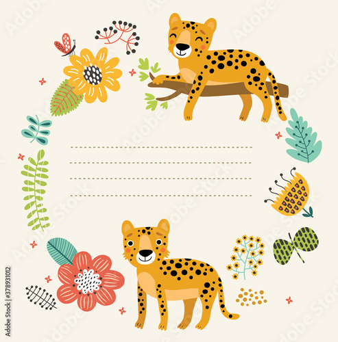Cute leopard, vector character and flowers