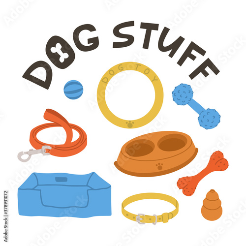 Set of dog supplies for playing, sleeping, walking and eating. Everything for comfort of pets life. Vector hand drawing.