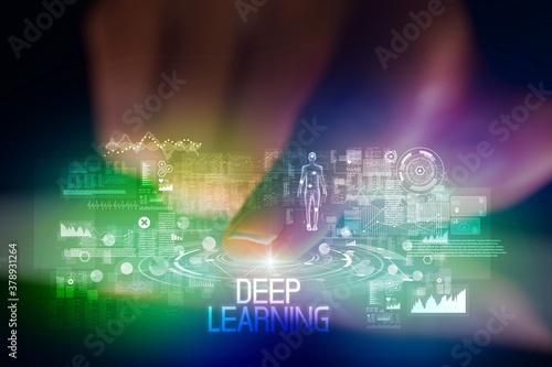 Finger touching tablet with web technology icons and DEEP LEARNING inscription