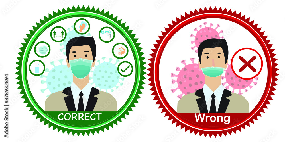 Two men showing how to wearing protective mask correctly.How to wear a face mask correct and wrong. Two men showing how to wearing protective mask correctly.How to wear a face mask correct and wrong.
