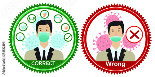 Two men showing how to wearing protective mask correctly.How to wear a face mask correct and wrong.