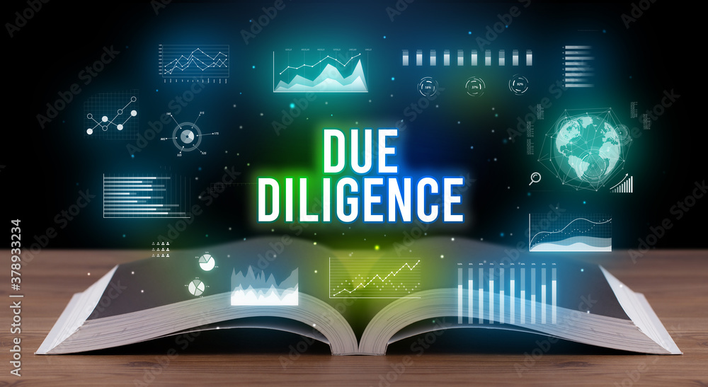 DUE DILIGENCE inscription coming out from an open book, creative business concept