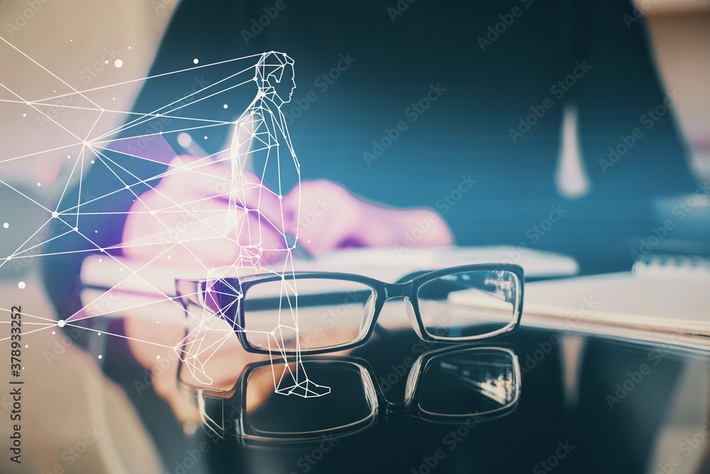 Start up creative drawing over close up hands in notepad background. Concept of brainstorming. Double exposure Start up creative drawing over close up hands in notepad background. Concept of brainstorming. Double exposure