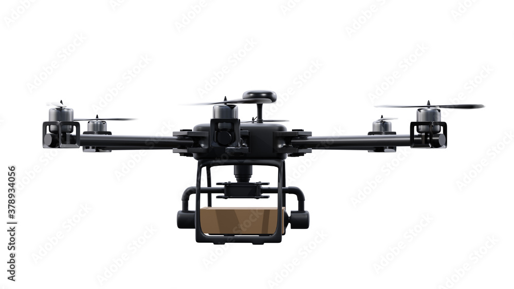 UAV drone delivery services with brown post package isolated on white background. clipping part. 3d render. UAV drone delivery services with brown post package isolated on white background. clipping part. 3d render.