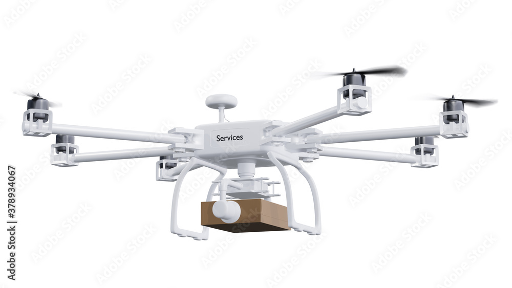 UAV drone delivery services with brown post package isolated on white background. clipping part. 3d render. UAV drone delivery services with brown post package isolated on white background. clipping part. 3d render.