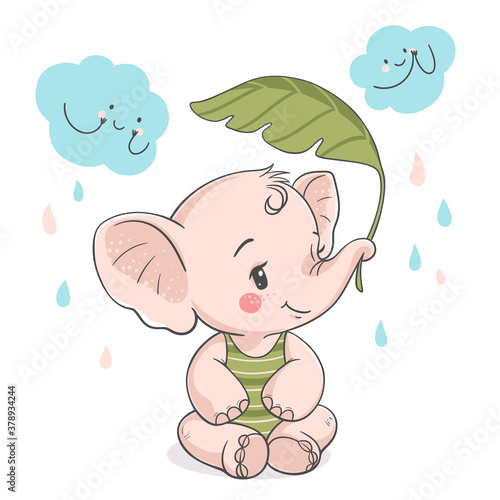 Lovely baby elephant with palm leaf, vector illustration.