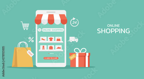 online shopping or digital store on mobile app concept with shopping bag, gift, box, icon, and fashion clothes, web and banner, vector flat illustration