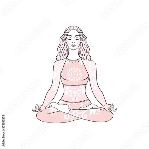Young Beautiful meditating Yoga woman in lotus yoga pose on ornamental background. Black and white linear stock illustration. Logo for yoga studio.