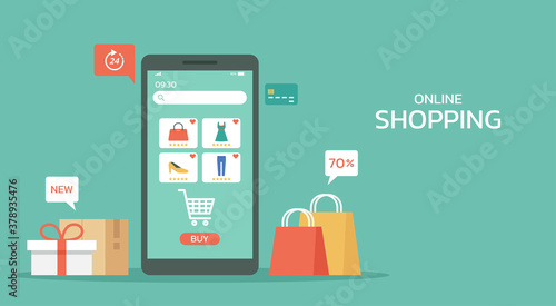 online shopping promotion sale on mobile, e-commerce and digital marketing on smartphone with shopping bag and gift box, web and banner, vector flat illustration