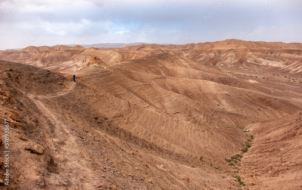 Male hiker on the trail in the remote part of the Judean Desert, Israel. Desert landscape with hills, natural terraces with escarpments, dry wadies and rock formation of the Judean Desert.