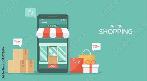 online shopping digital storefront view on mobile app concept, smartphone with the shopping bag, gift, box, and icon, web and banner, vector flat illustration