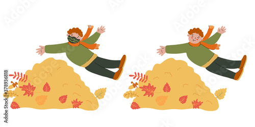 Joyful little boy jumping into a pile of leaves. Vector illustration with and without protective face masks. Fun and happiness outdoors. Isolated on white background. Pandemic and flu time.