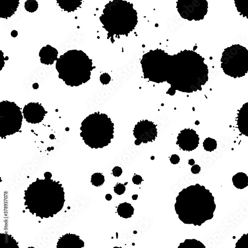 Vector black and white seamless pattern with ink splash, blot and brush stroke spot spray smudge, spatter, splatter, drip, drop, ink smudge smears Grunge textured elements design background.