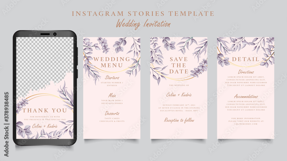 Instagram stories template wedding invitation with beautiful leaves background
