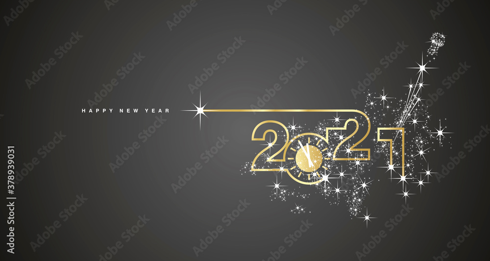2021 Happy New Year clock line design sparkle firework champagne gold white black banner vector - obrazy, fototapety, plakaty 