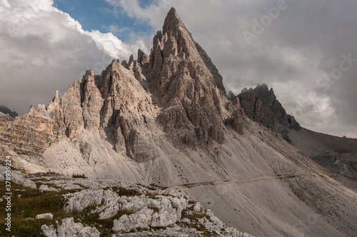 View of Monte Paterno/Paternkofel, one of the important peaks of the Sesto Dolomites, as seen from Locatelli refuge, Dolomites, South Tirol, Italy.