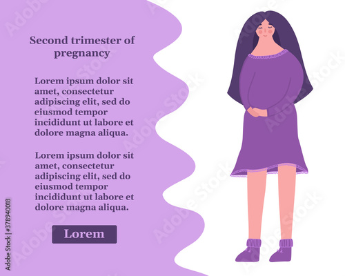 Second trimester of pregnancy. Happy woman expecting a baby. Vector illustration with place for your text.