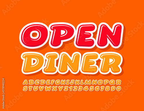 Vector advertising sign Open Diner. Bright Yellow Font. Creative trendy Alphabet Letters and Numbers set