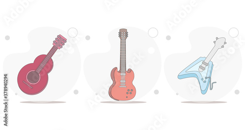 guitar vector flat illustration on white background, electric guitar, classical spanish guitar, acoustic wooden guitar
