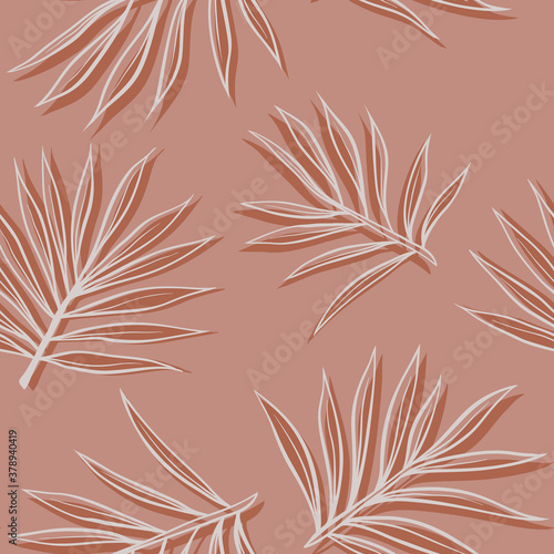 Tropical palm leaves on light pink modern background. Vector seamless pattern, Hand drawn repeatable illustration
