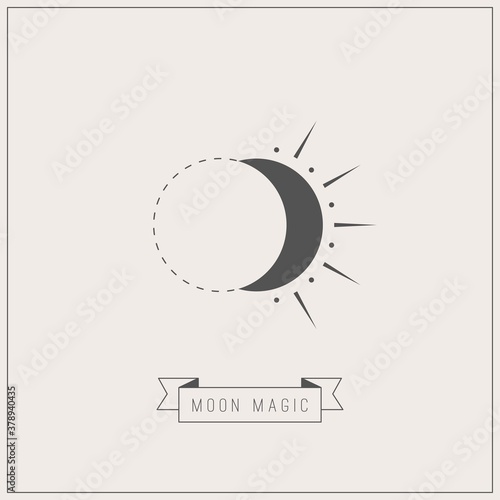 Moon magic. Abstract Boho Moon or star. Thin line style. Minimalistic outline Icon. Logo template. Trendy Vector illustration. Astrology, esoteric, alchemy concept. Icon is isolated on gray background