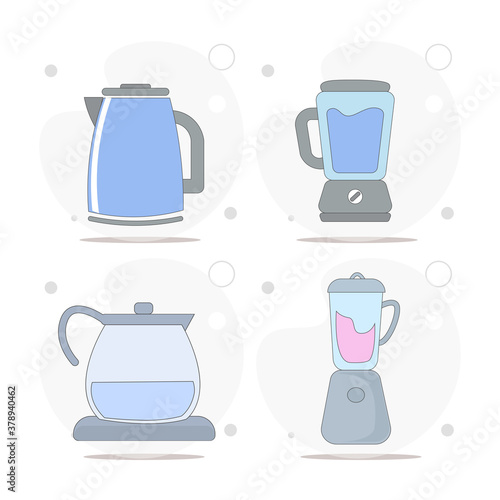 Kitchen electrical equipment set with tea kettle blender vector flat illustration on white background