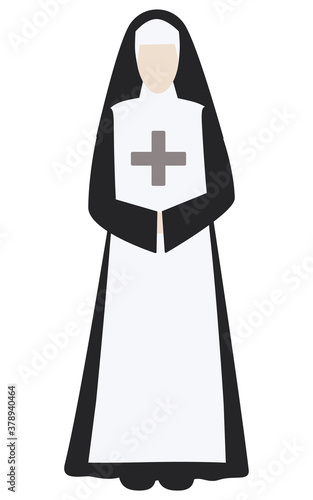 The Sister of The Sister of mercy. Nun in black. Nurse. Flat style. Vector illustration. Isolated on a white background. 
