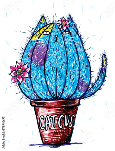 Illustration of hand drawn sketch cute cat cactus in a flowerpot with lettering catcus photo