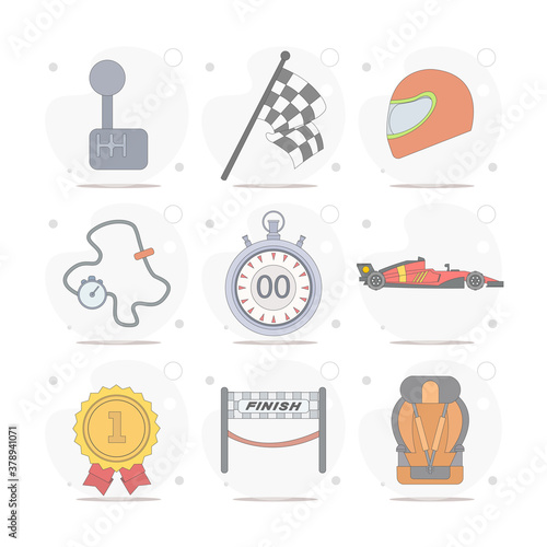 racing car, helmet, racing flag, medal, racing vector flat illustration on white background