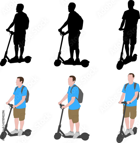 man riding electric scooter silhouettes and color illustration - vector