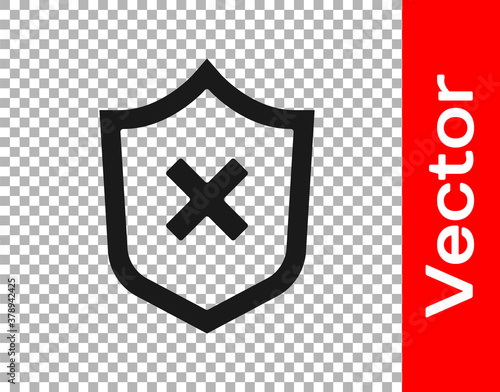 Black Shield with cross mark icon isolated on transparent background. Shield and rejected. Notice of refusal.  Vector.