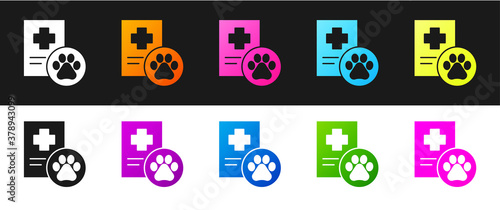 Set Clipboard with medical clinical record pet icon isolated on black and white background. Health insurance form. Medical check marks report. Vector.