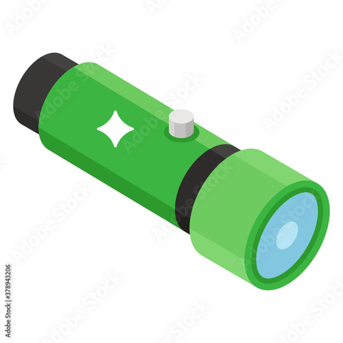 
Icon of flashlight, torch light in isometric design.
