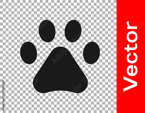 Black Paw print icon isolated on transparent background. Dog or cat paw print. Animal track. Vector.
