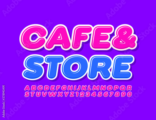 Vector trendy logo Cafe & Store. Bright modern Font. Pink stylish Alphabet Letters and Numbers set