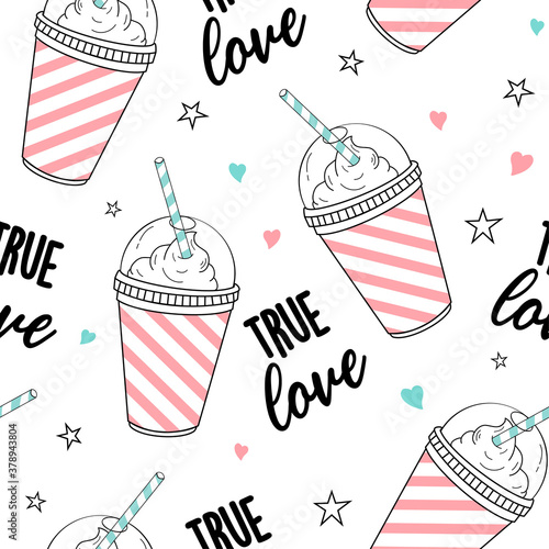Milkshake, true love lettering seamless. Vector hand drawn illustration. The idea for a poster, postcard, t-shirt.