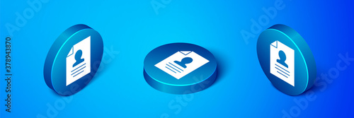Isometric Resume icon isolated on blue background. CV application. Searching professional staff. Analyzing personnel resume. Blue circle button. Vector.