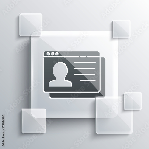 Grey Resume icon isolated on grey background. CV application. Searching professional staff. Analyzing personnel resume. Square glass panels. Vector.