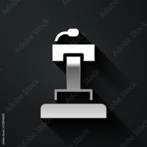 Silver Stage stand or debate podium rostrum icon isolated on black background. Conference speech tribune. Long shadow style. Vector.