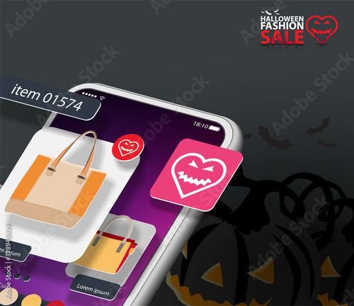 On the mobile phone screen an online store selling women's bags on the background of a Halloween pumpkin