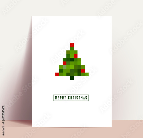 Minimalistic clean modern Christmas poster or card or flyer design template with pixel art Christmas Tree silhouette and Merry Christmas lettering. Vector illustration