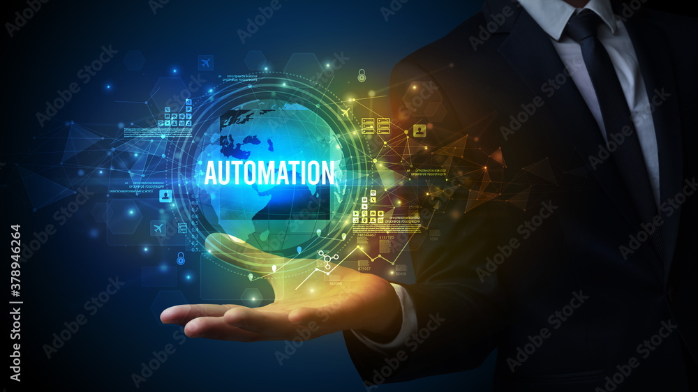 Obraz premium Elegant hand holding AUTOMATION inscription, digital technology concept