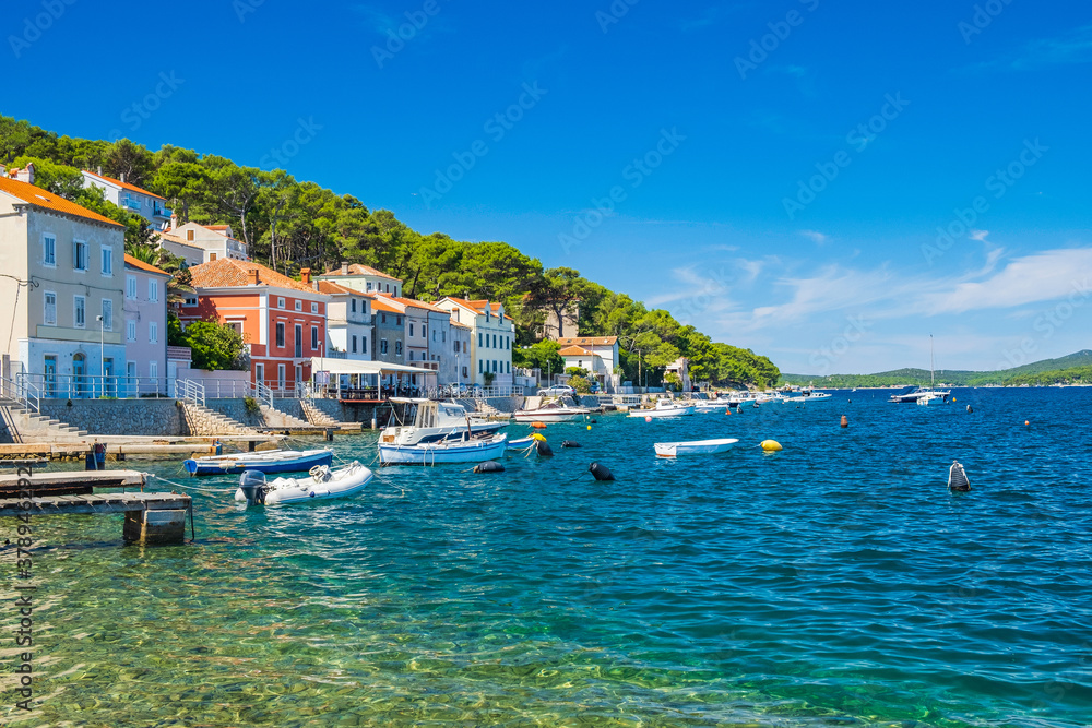 Town of Mali Losinj on the island of Losinj, Croatia, shore and boats on Adriatic coastline