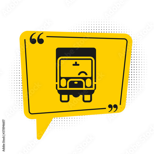 Black Delivery cargo truck vehicle icon isolated on white background. Yellow speech bubble symbol. Vector.